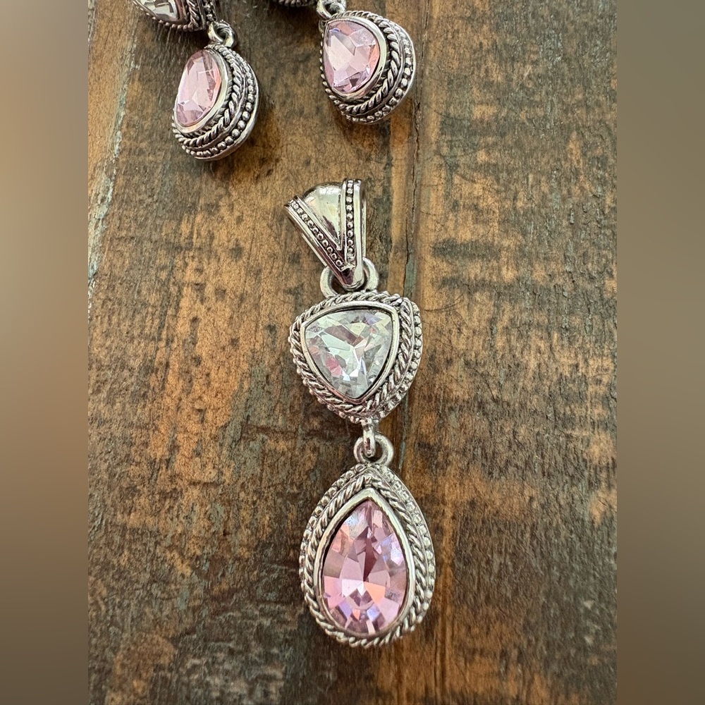 Cookie Lee Silver and Pink Teardrop Pendant AND Earrings Set Vintage